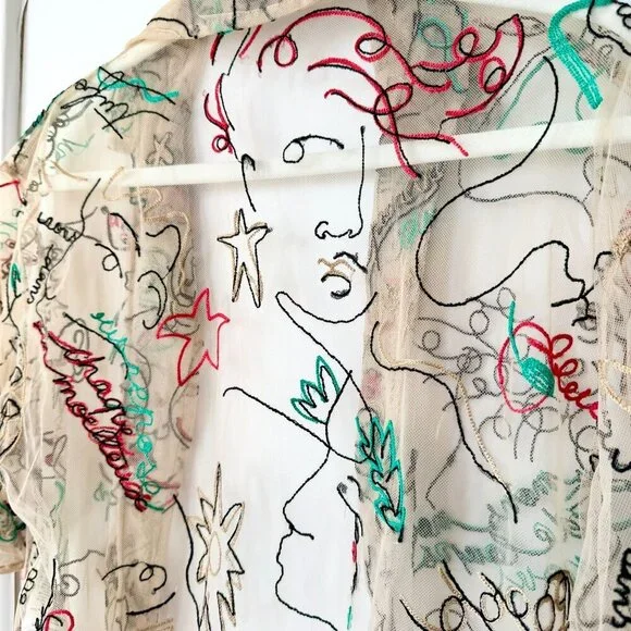 Aritzia Babaton Sheer Abstract Print Button Down Short Sleeve Shirt Embroidered - Picture 7 of 9